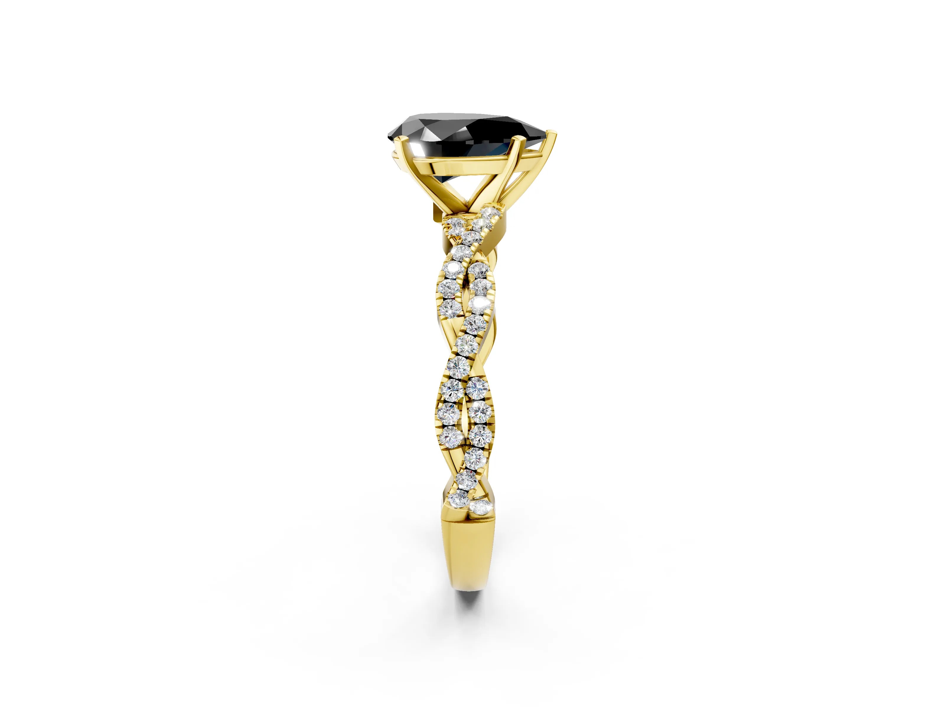 Yellow gold Fancy Black Pear Cut Solitaire Twisted Pave Band with Four-Prong Setting_5