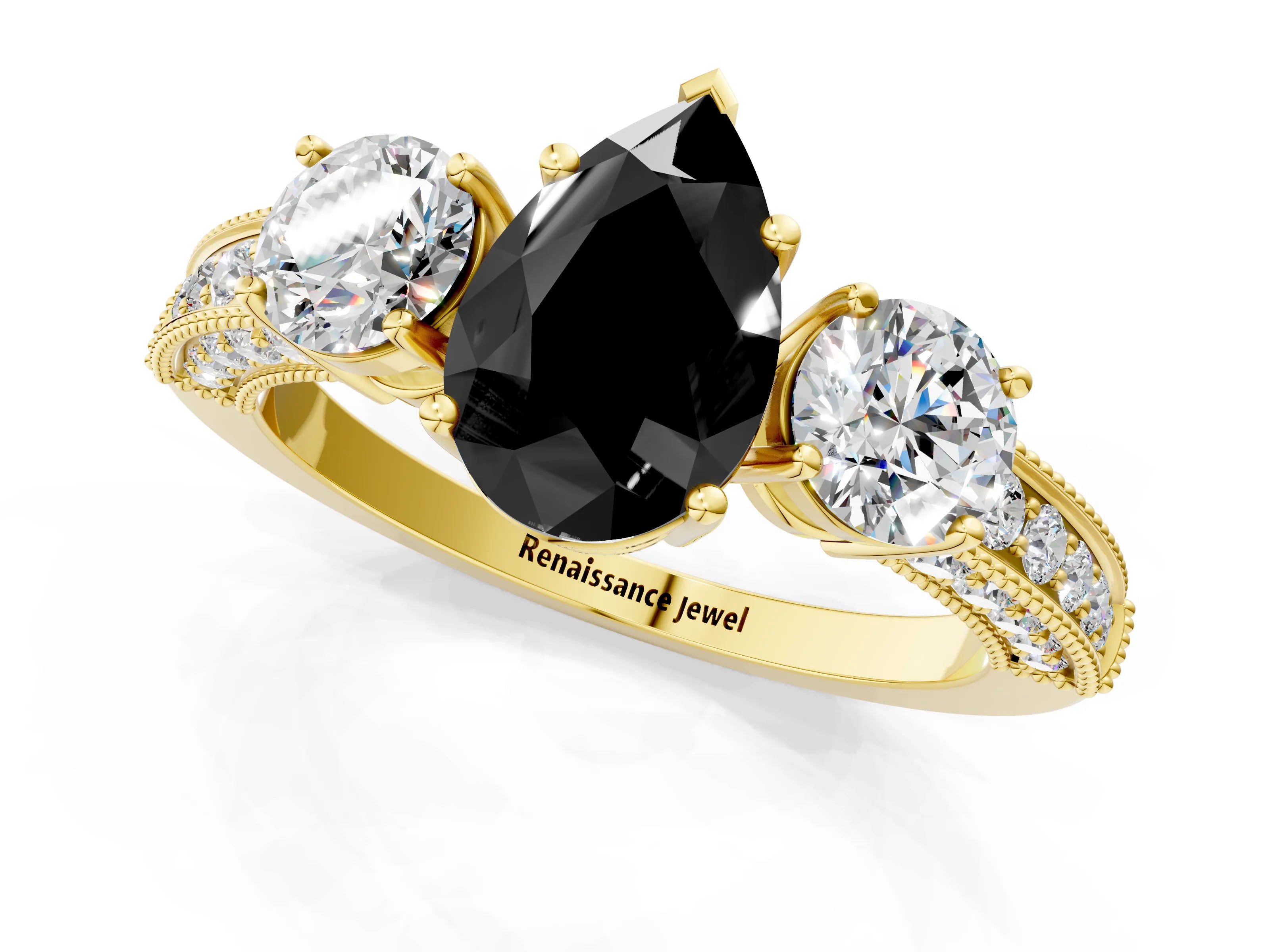 Yellow gold Fancy Black Pear Cut Three-Stone Diamond Ring with Pavé Band and Four-Prong Setting_1