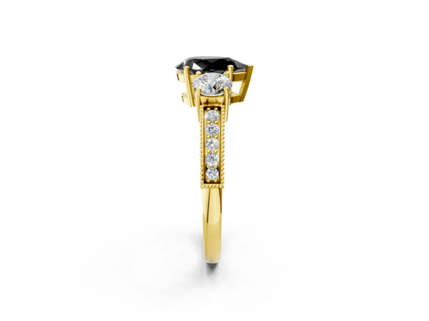 Yellow gold Fancy Black Pear Cut Three-Stone Diamond Ring with Pavé Band and Four-Prong Setting_2