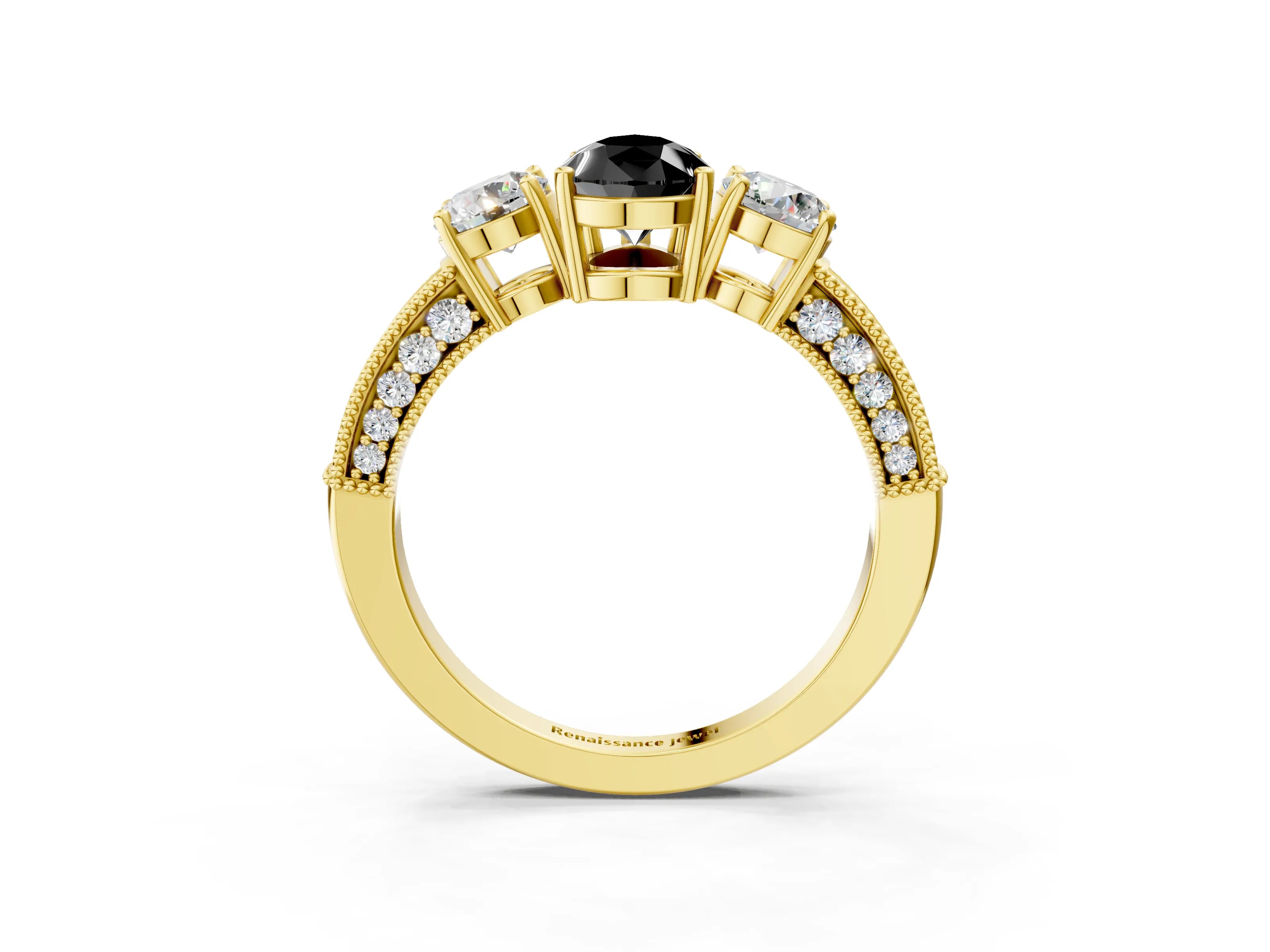 Yellow gold Fancy Black Pear Cut Three-Stone Diamond Ring with Pavé Band and Four-Prong Setting_3