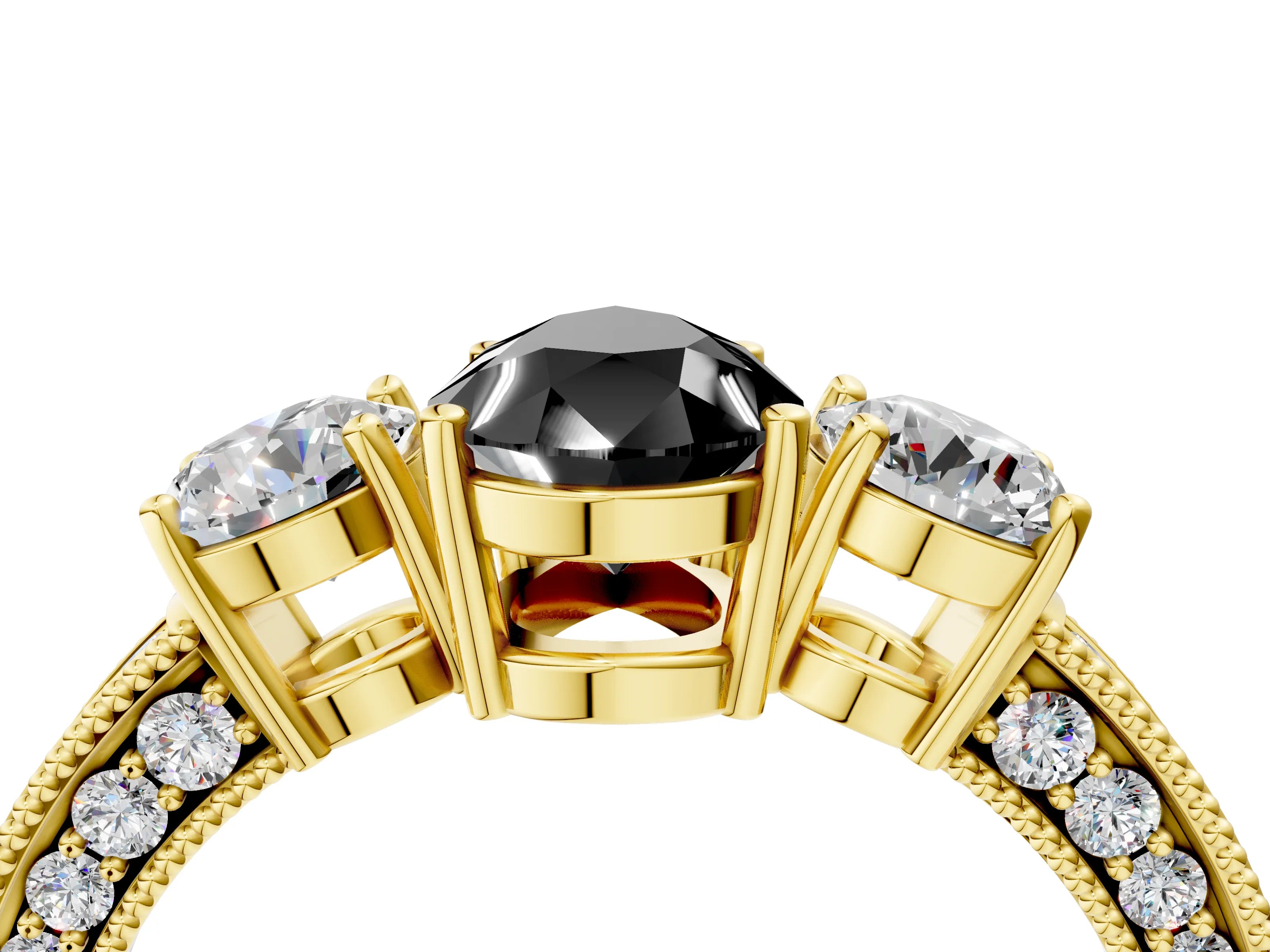 Yellow gold Fancy Black Pear Cut Three-Stone Diamond Ring with Pavé Band and Four-Prong Setting_4