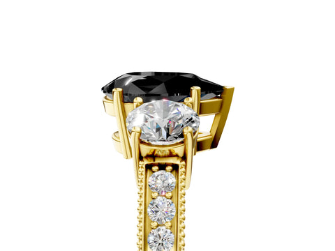 Yellow gold Fancy Black Pear Cut Three-Stone Diamond Ring with Pavé Band and Four-Prong Setting_5