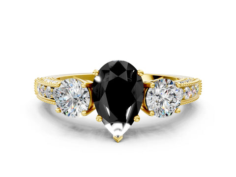 Yellow gold Fancy Black Pear Cut Three-Stone Diamond Ring with Pavé Band and Four-Prong Setting