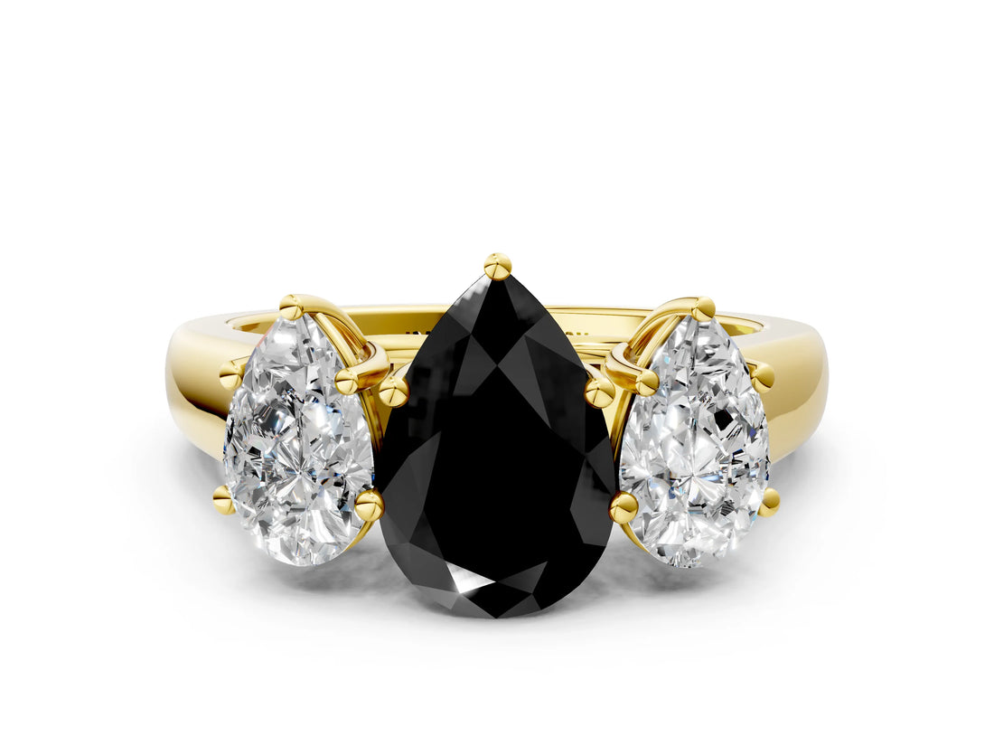 Yellow gold Fancy Black Pear Cut Three-Stone Diamond Ring with Prong Setting on a Classic Band_12