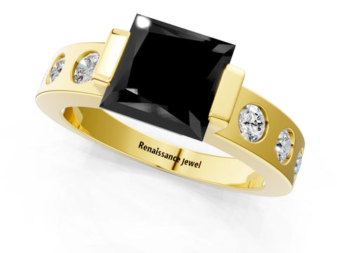 Yellow gold Fancy Black Princess Cut Brilliant Channel-Set Diamond Ring with Bezel Prong Setting_1