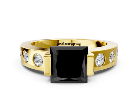 Yellow gold Fancy Black Princess Cut Brilliant Channel-Set Diamond Ring with Bezel Prong Setting