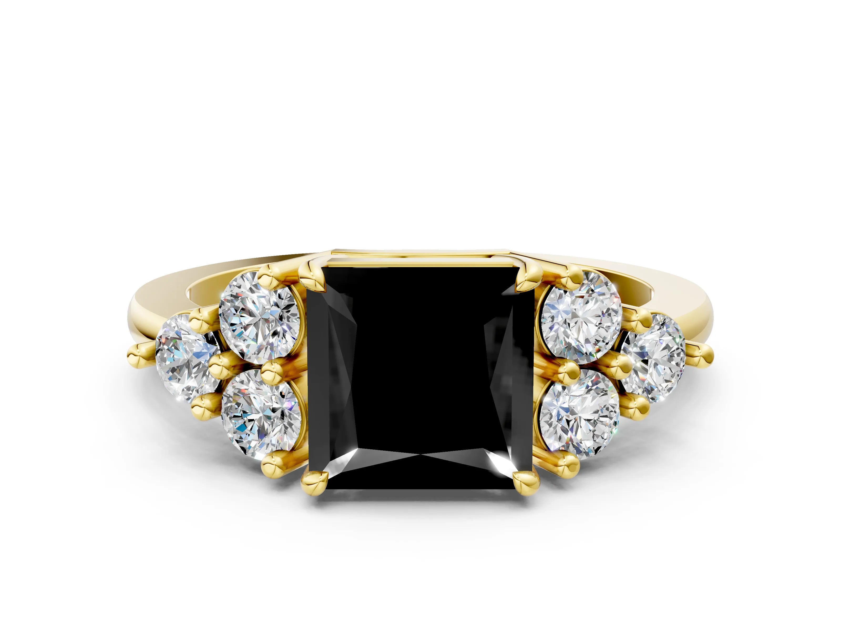 Yellow gold Fancy Black Princess Cut Brilliant Diamond Cluster Accent Solitaire Ring with Prong Setting