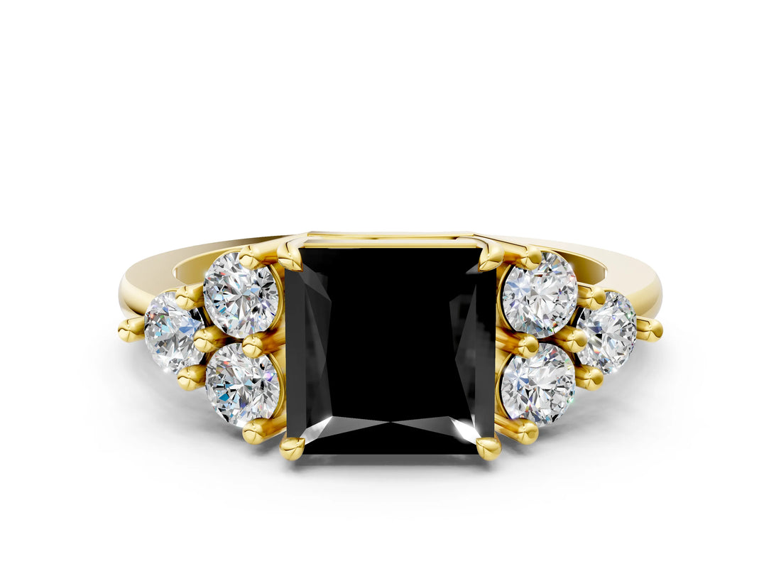 Yellow gold Fancy Black Princess Cut Brilliant Diamond Cluster Accent Solitaire Ring with Prong Setting