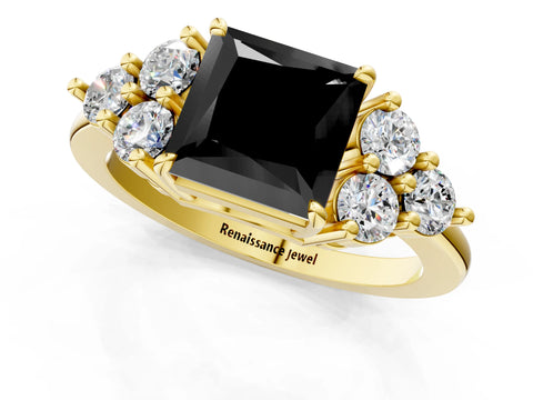 Yellow gold Fancy Black Princess Cut Brilliant Diamond Cluster Accent Solitaire Ring with Prong Setting_1