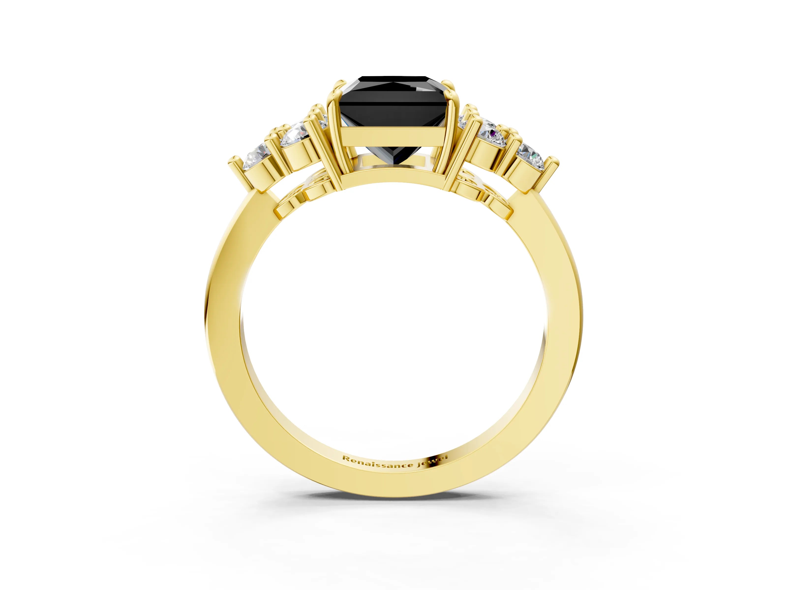 Yellow gold Fancy Black Princess Cut Brilliant Diamond Cluster Accent Solitaire Ring with Prong Setting_3