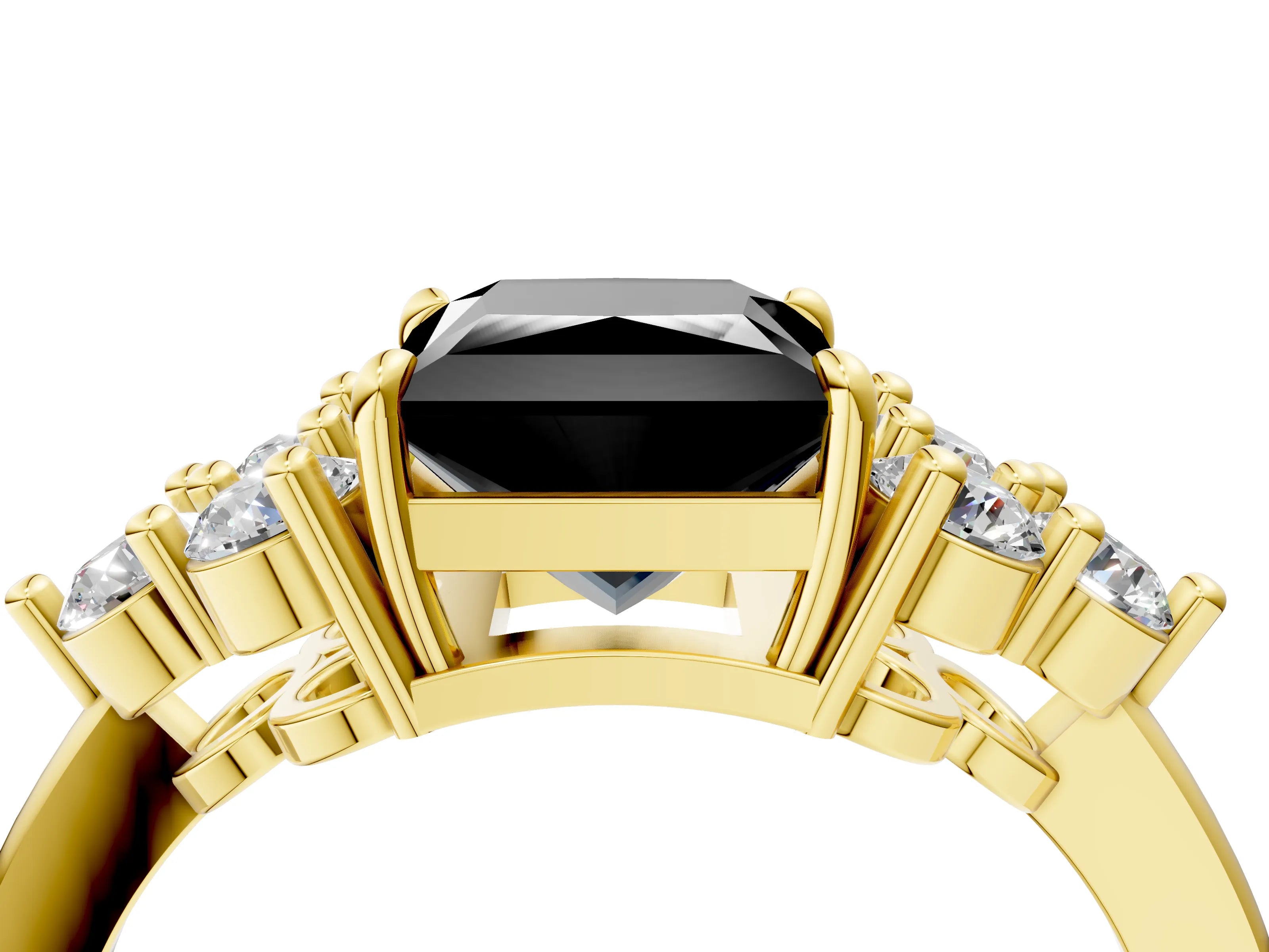 Yellow gold Fancy Black Princess Cut Brilliant Diamond Cluster Accent Solitaire Ring with Prong Setting_4