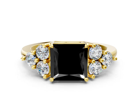 Yellow gold Fancy Black Princess Cut Brilliant Diamond Cluster Accent Solitaire Ring with Prong Setting