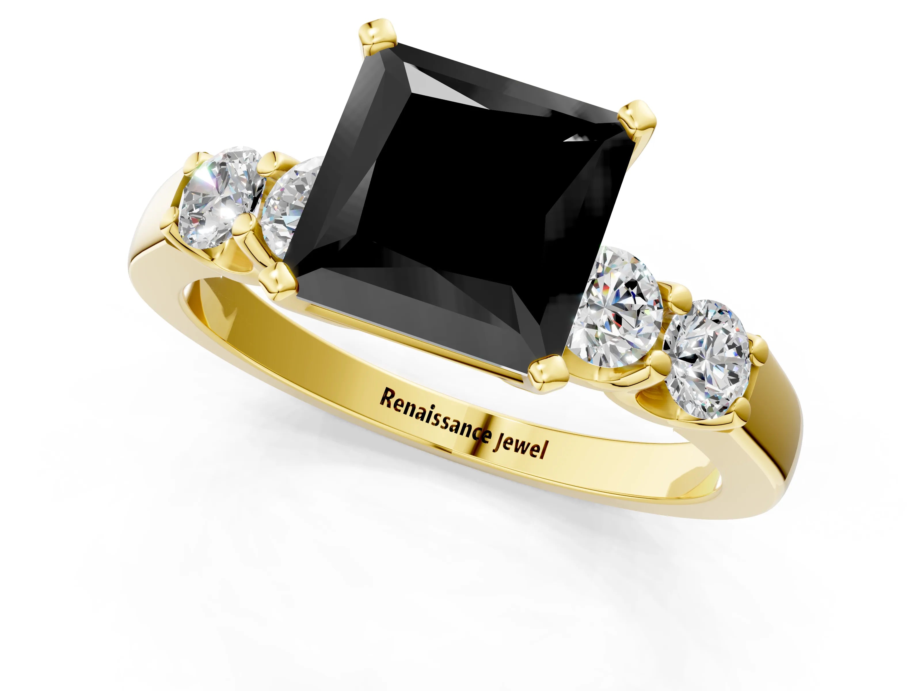 Yellow gold Fancy Black Princess Cut Brilliant Diamond Five-Stone Engagement Ring with Prong Setting on a Classic Band_4