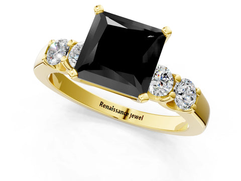 Yellow gold Fancy Black Princess Cut Brilliant Diamond Five-Stone Engagement Ring with Prong Setting on a Classic Band_4