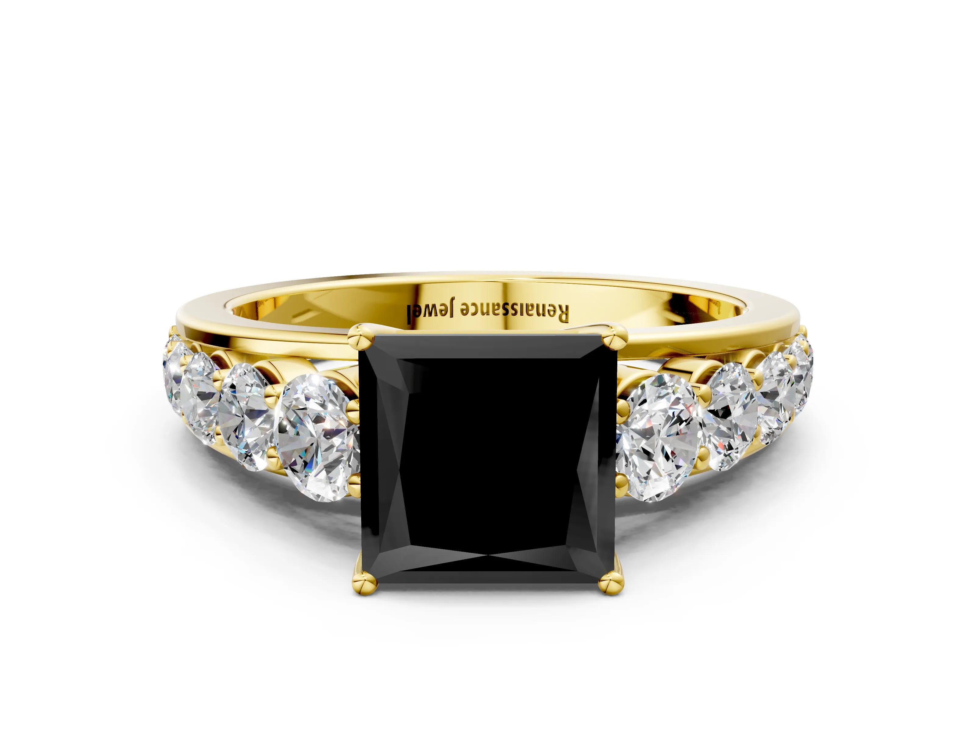 Yellow gold Fancy Black Princess Cut Brilliant Diamond Pavé Band with Six-Prong Setting