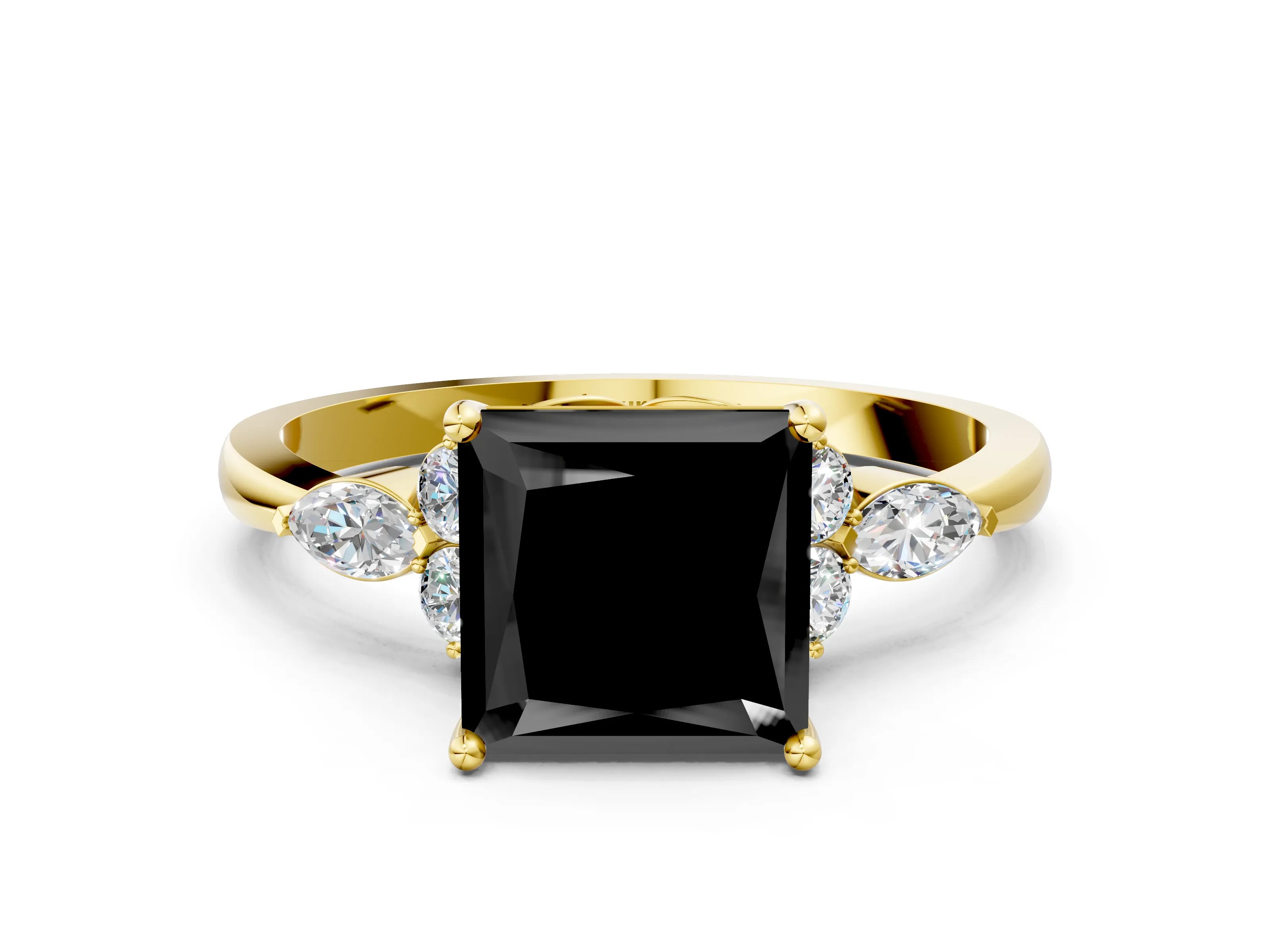 Yellow gold Fancy Black Princess Cut Brilliant Diamond Solitaire Ring with Pear Side Stones and Four-Prong Setting_3