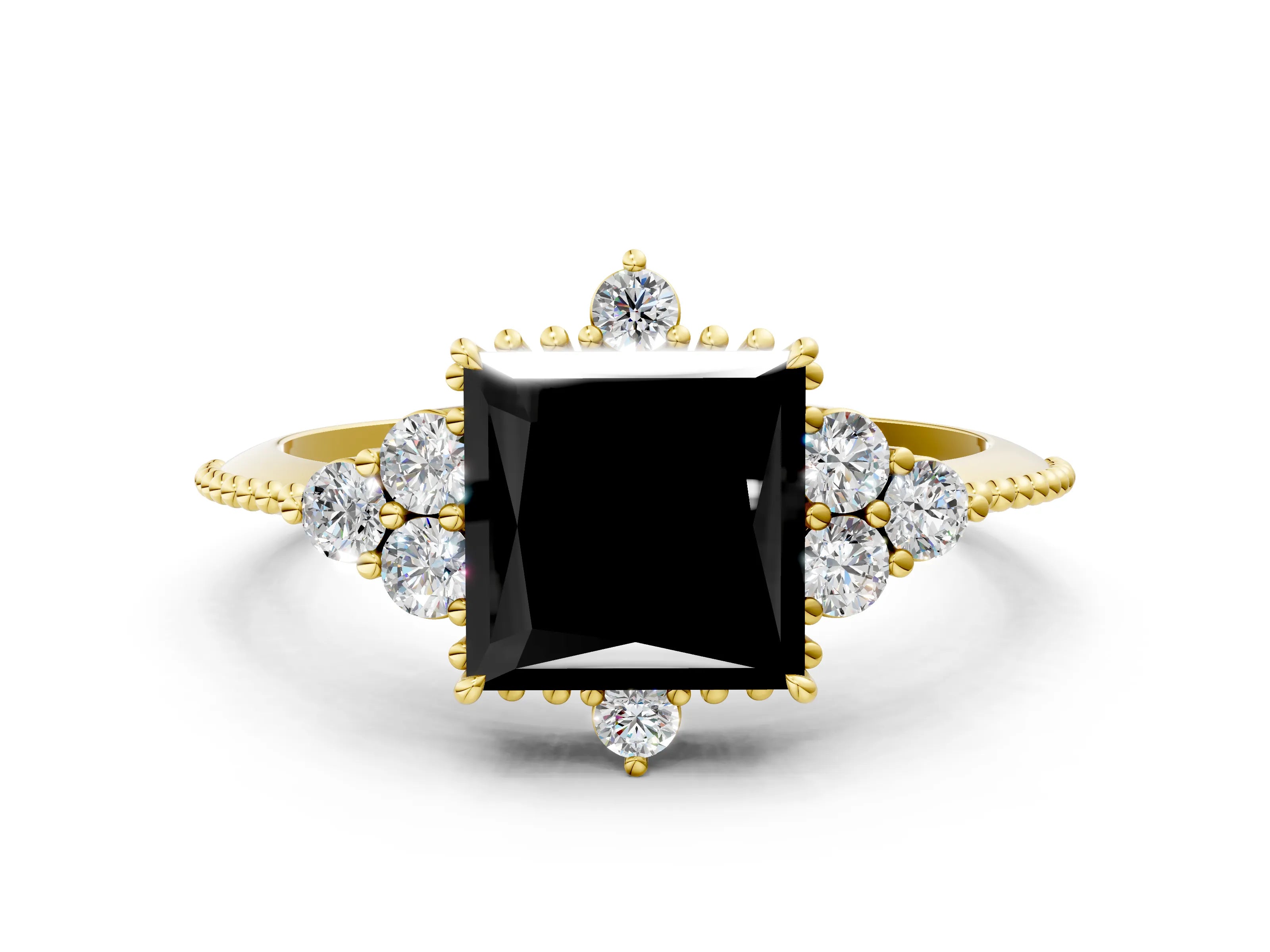 Yellow gold Fancy Black Princess Cut Brilliant Diamond with Cluster Setting on a Beaded Band and Four-Prong Setting