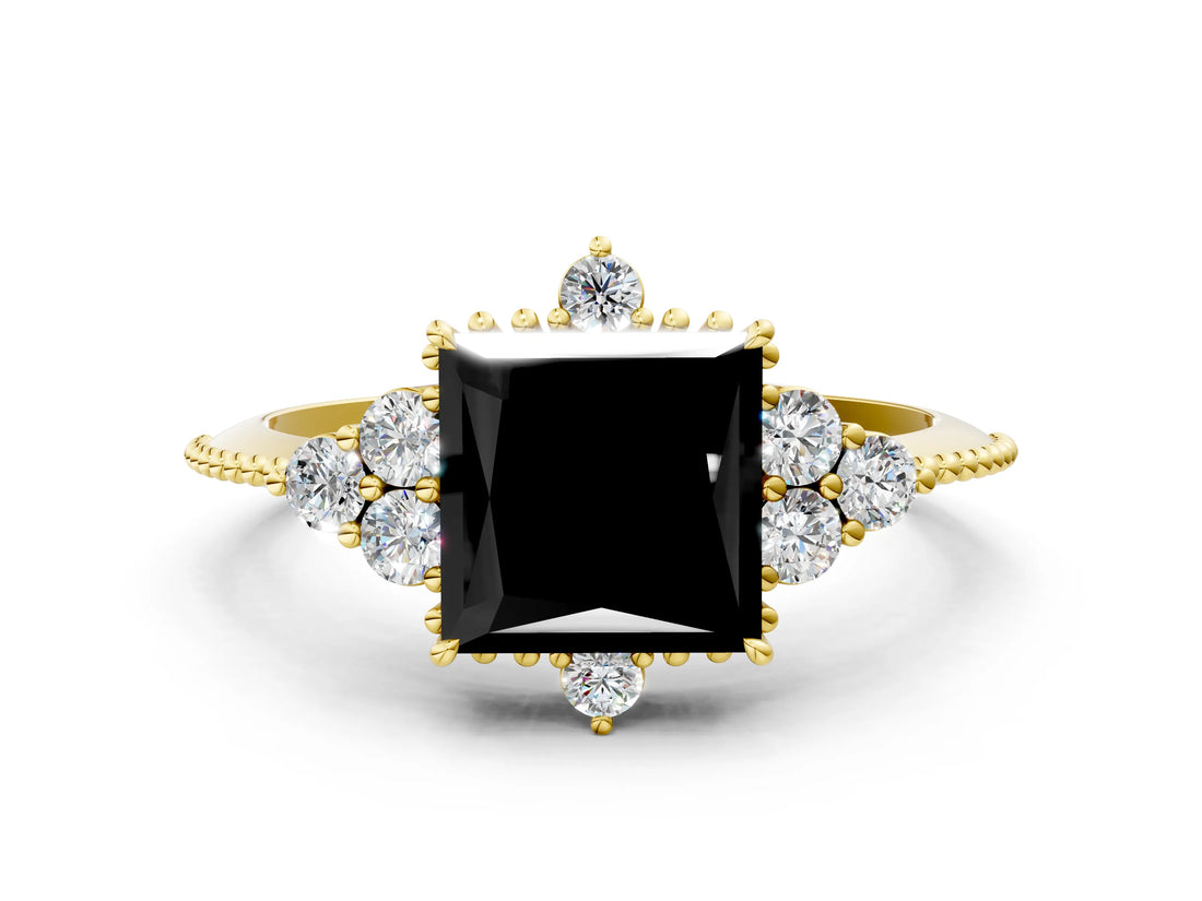 Yellow gold Fancy Black Princess Cut Brilliant Diamond with Cluster Setting on a Beaded Band and Four-Prong Setting