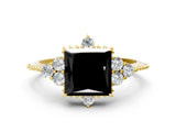 Yellow gold Fancy Black Princess Cut Brilliant Diamond with Cluster Setting on a Beaded Band and Four-Prong Setting