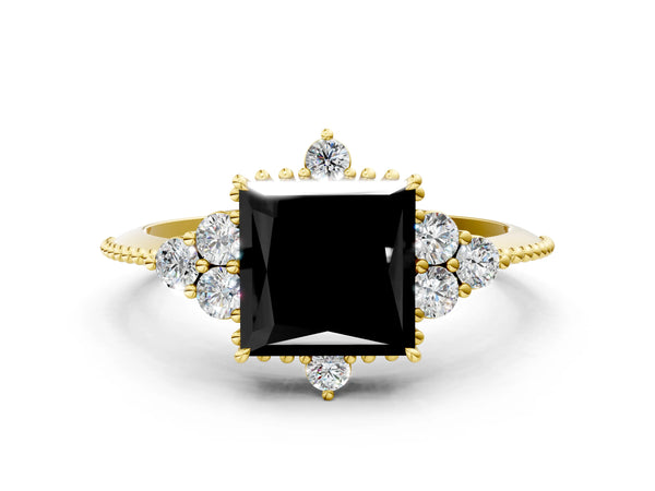 Yellow Gold Princess Cut Vintage Cluster Engagement Ring Setting for Black Center with Beaded Band
