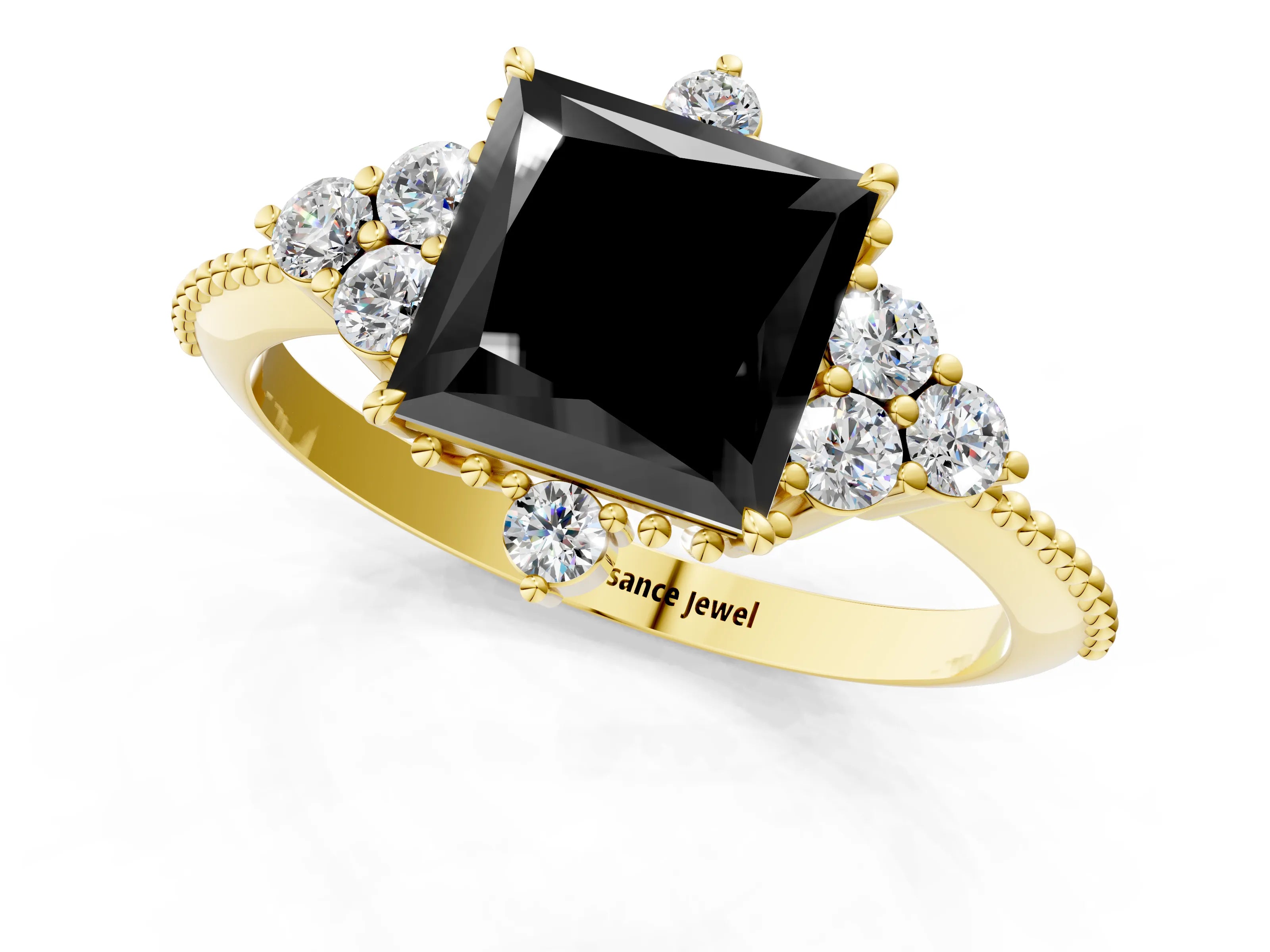 Yellow gold Fancy Black Princess Cut Brilliant Diamond with Cluster Setting on a Beaded Band and Four-Prong Setting_1