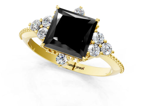 Yellow gold Fancy Black Princess Cut Brilliant Diamond with Cluster Setting on a Beaded Band and Four-Prong Setting_1