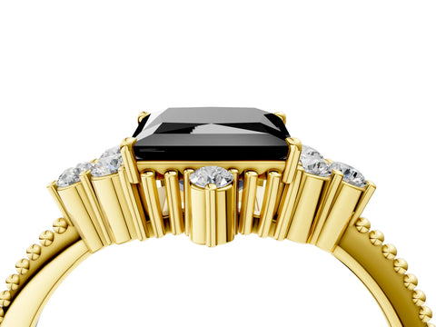 Yellow gold Fancy Black Princess Cut Brilliant Diamond with Cluster Setting on a Beaded Band and Four-Prong Setting_4