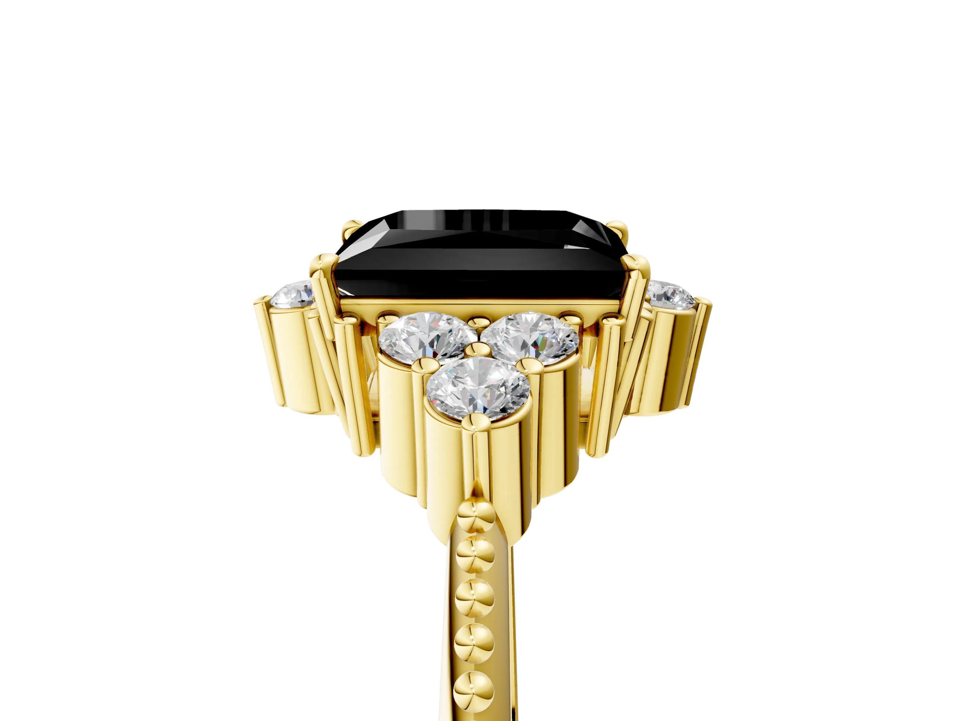 Yellow gold Fancy Black Princess Cut Brilliant Diamond with Cluster Setting on a Beaded Band and Four-Prong Setting_5