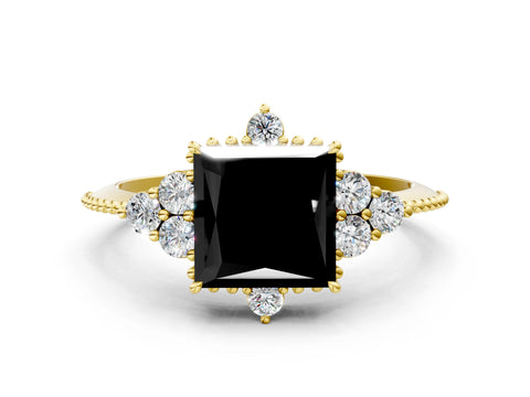 Yellow gold Fancy Black Princess Cut Brilliant Diamond with Cluster Setting on a Beaded Band and Four-Prong Setting