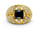 Yellow gold Fancy Black Princess Cut Brilliant Halo Pave Diamond Milgrain Ring