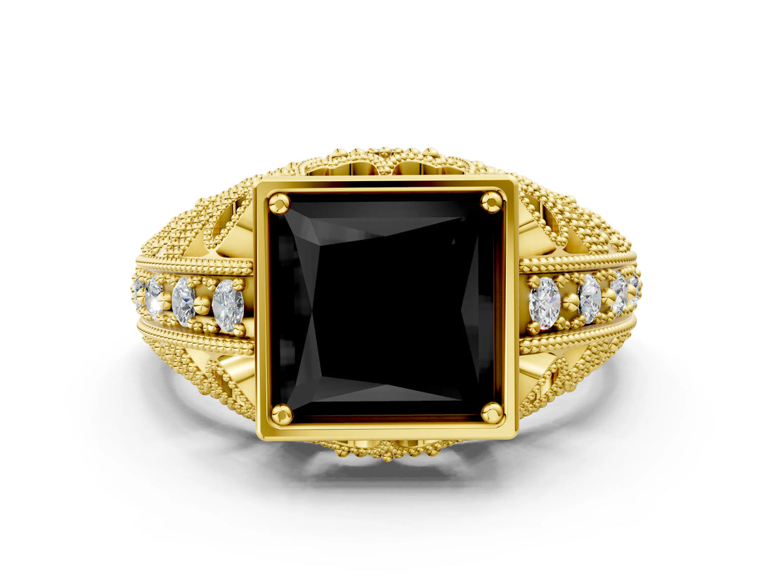 Yellow gold Fancy Black Princess Cut Brilliant Milgrain Filigree Diamond Ring with Square Prong Setting