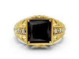 Yellow gold Fancy Black Princess Cut Brilliant Milgrain Filigree Diamond Ring with Square Prong Setting