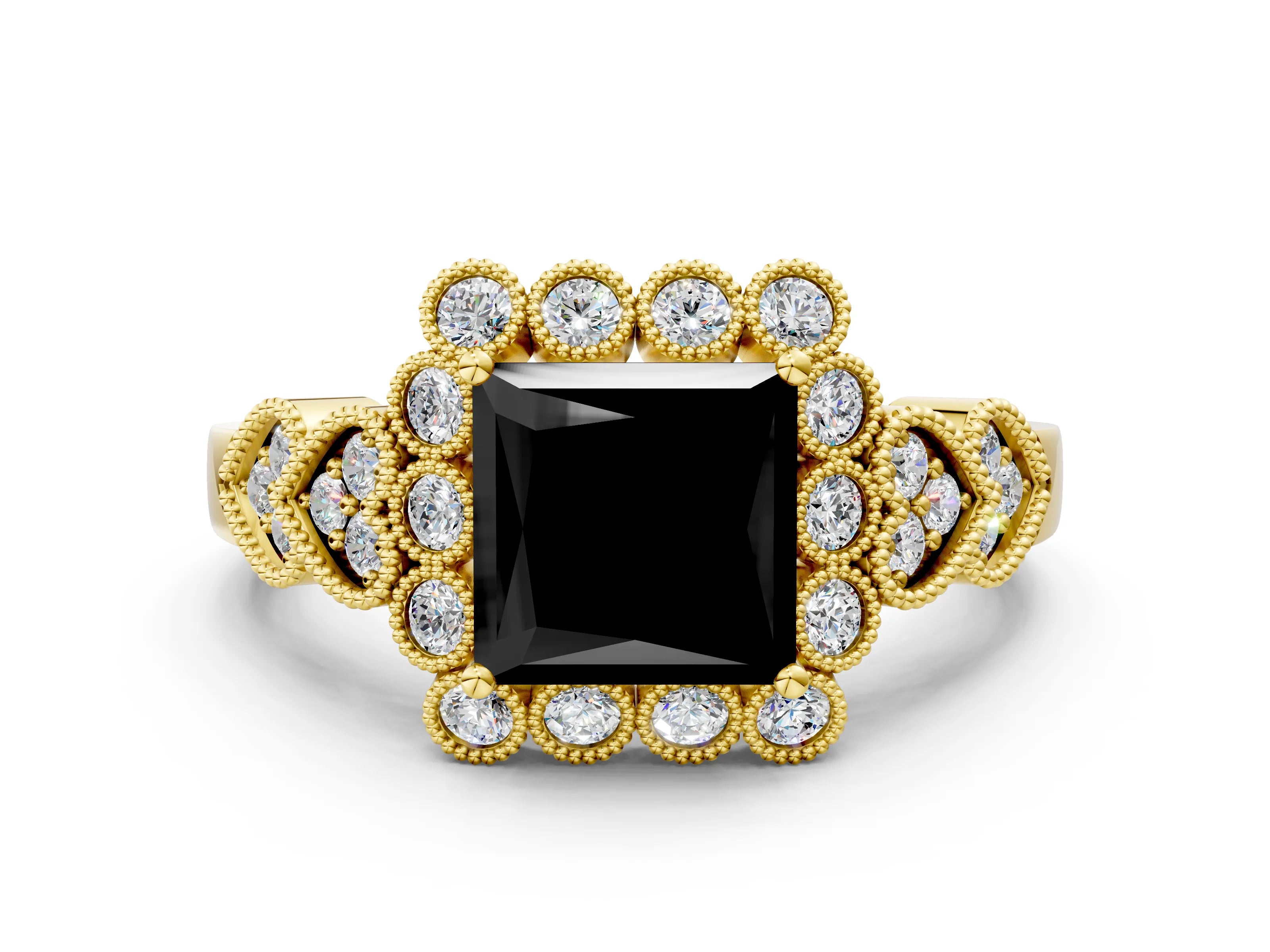 Yellow gold Fancy Black Princess Cut Brilliant Milgrain Pave Heart Band Solitaire Ring