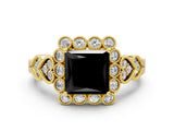 Yellow gold Fancy Black Princess Cut Brilliant Milgrain Pave Heart Band Solitaire Ring