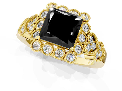 Yellow gold Fancy Black Princess Cut Brilliant Milgrain Pave Heart Band Solitaire Ring_1