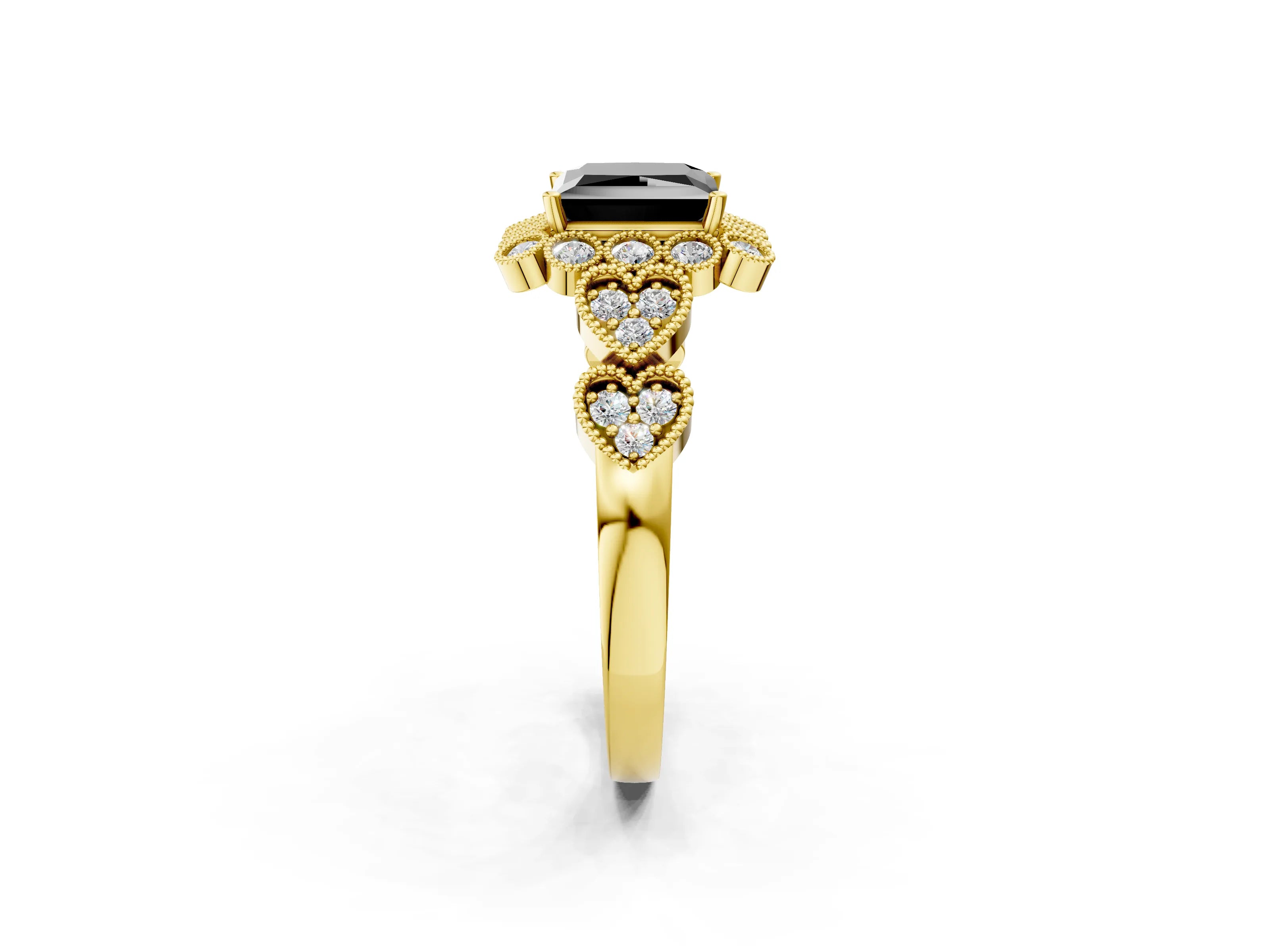 Yellow gold Fancy Black Princess Cut Brilliant Milgrain Pave Heart Band Solitaire Ring_2