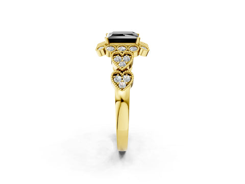 Yellow gold Fancy Black Princess Cut Brilliant Milgrain Pave Heart Band Solitaire Ring_2