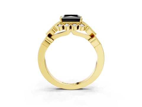 Yellow gold Fancy Black Princess Cut Brilliant Milgrain Pave Heart Band Solitaire Ring_3