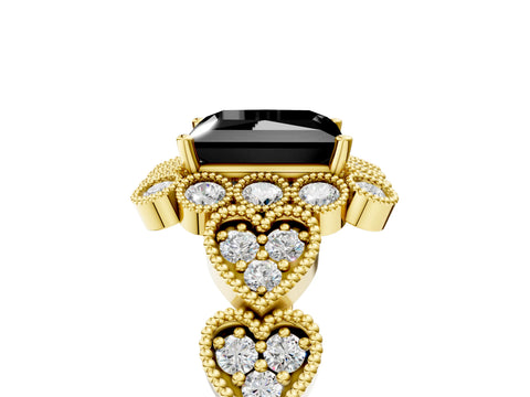 Yellow gold Fancy Black Princess Cut Brilliant Milgrain Pave Heart Band Solitaire Ring_5