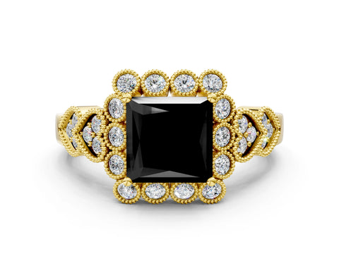Yellow gold Fancy Black Princess Cut Brilliant Milgrain Pave Heart Band Solitaire Ring