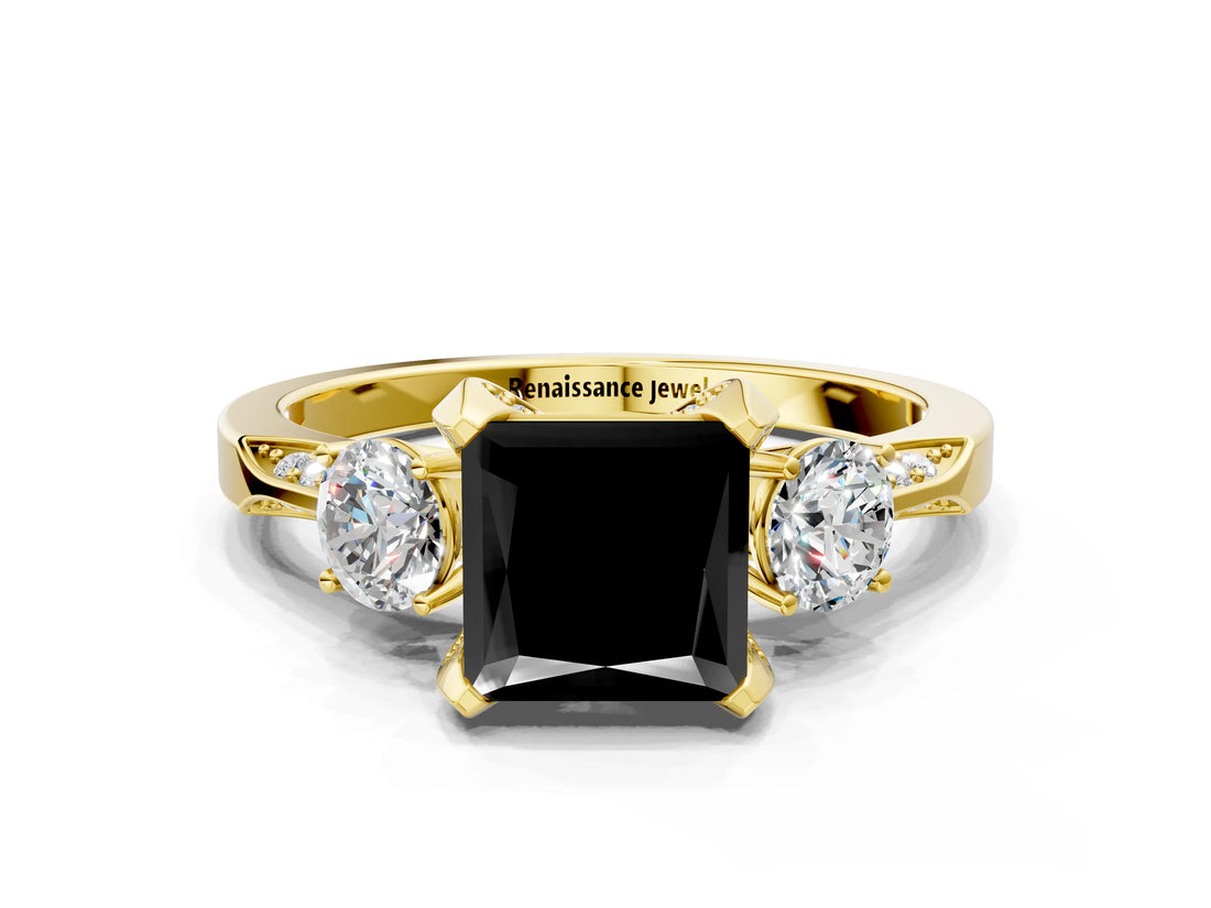 Yellow gold Fancy Black Princess Cut Brilliant Three-Stone Diamond Ring with Pavé Band and Four-Prong Setting_3