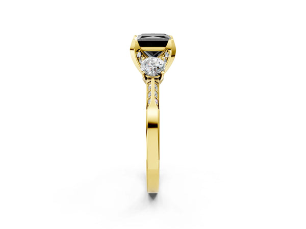 Yellow Gold Princess Cut Three Stone Hidden Halo Engagement Ring Setting for Black Center