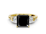 Yellow gold Fancy Black Princess Cut Brilliant Three-Stone Pave Band with Four-Prong Setting