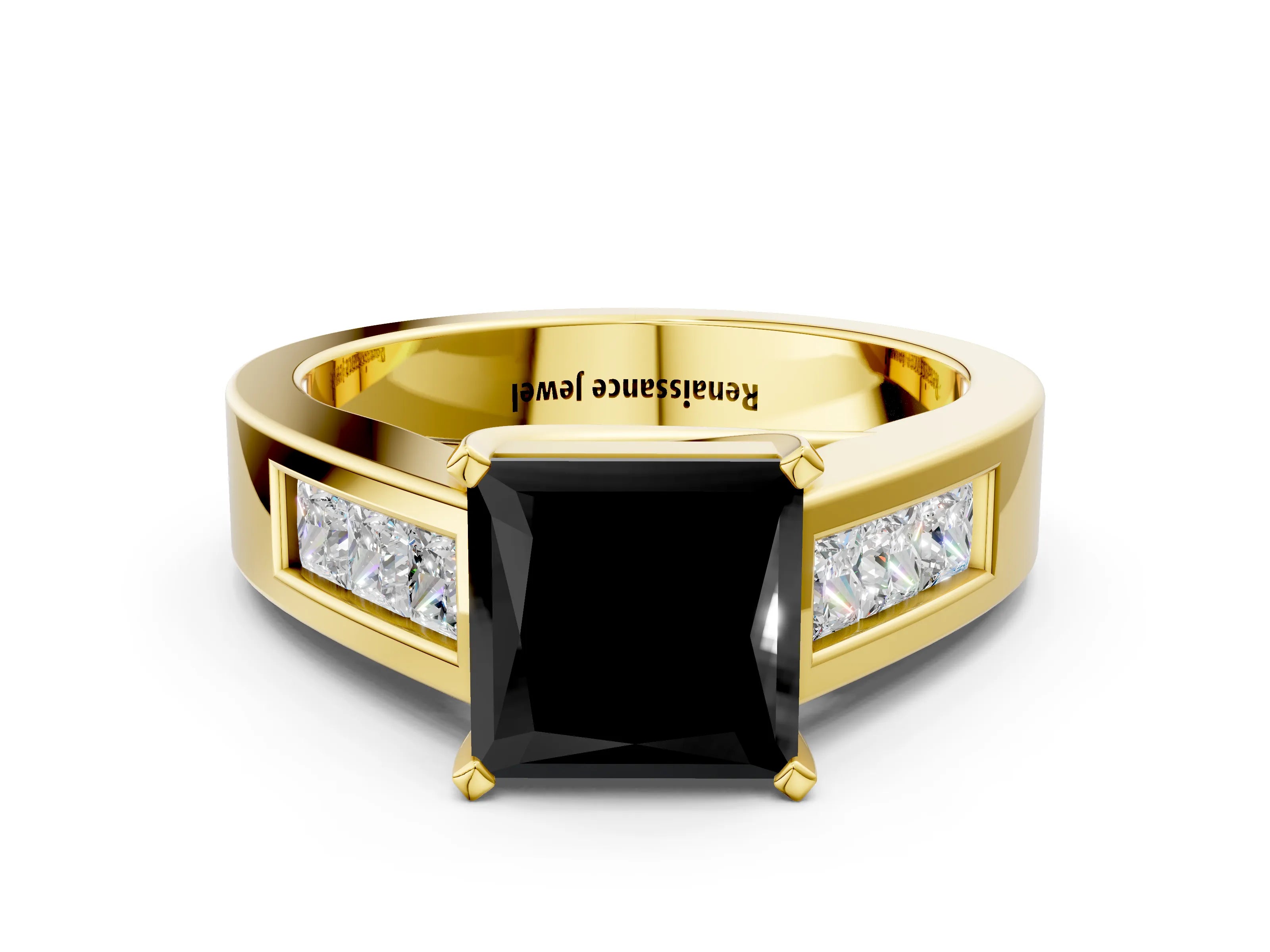 Yellow gold Fancy Black Princess Cut Cut Channel Set Solitaire Ring with Four-Prong Setting