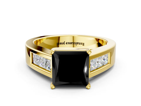 Yellow gold Fancy Black Princess Cut Cut Channel Set Solitaire Ring with Four-Prong Setting
