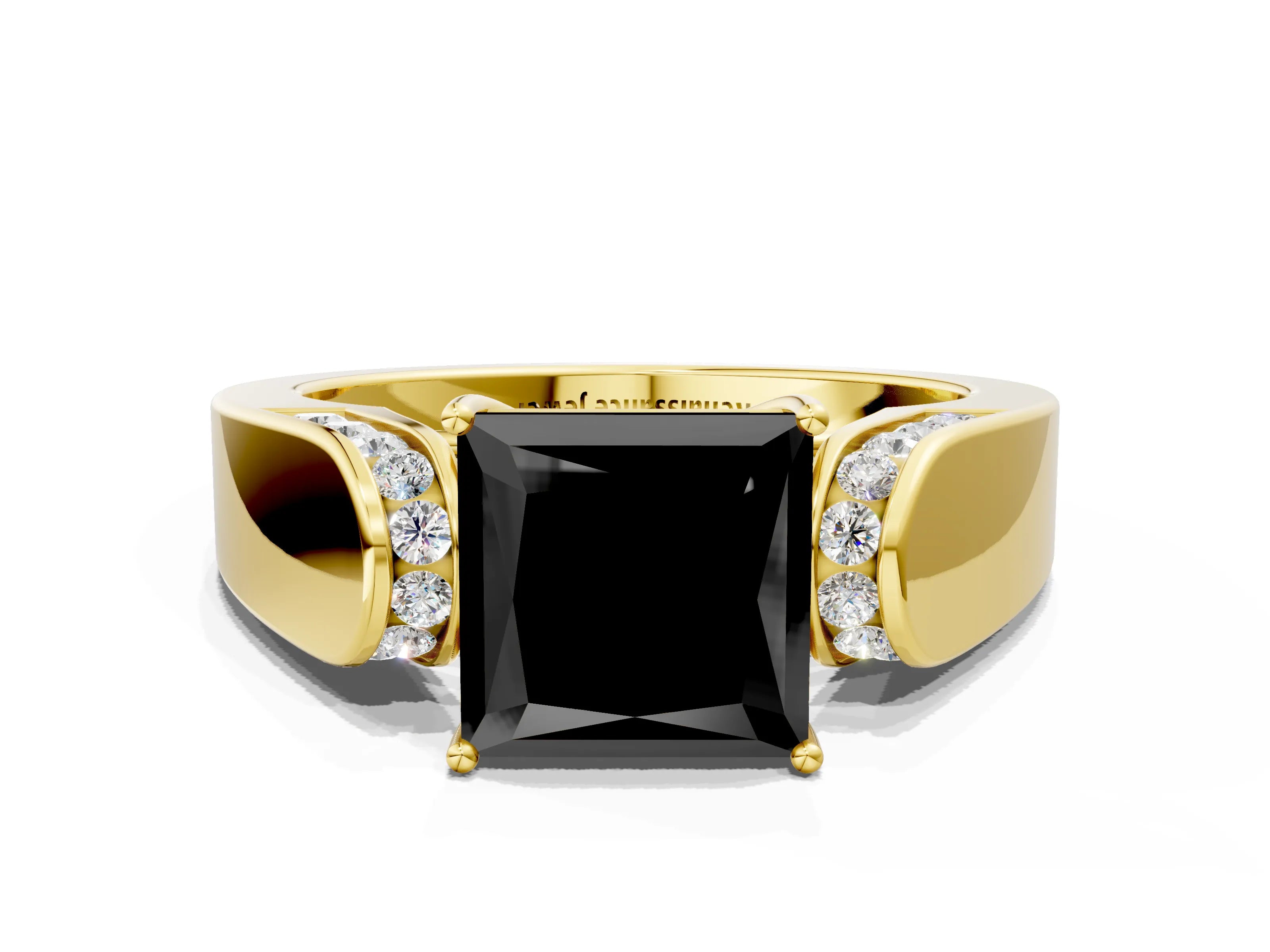 Yellow gold Fancy Black Princess Cut Cut Diamond Channel Set Solitaire Ring with Four-Prong Setting