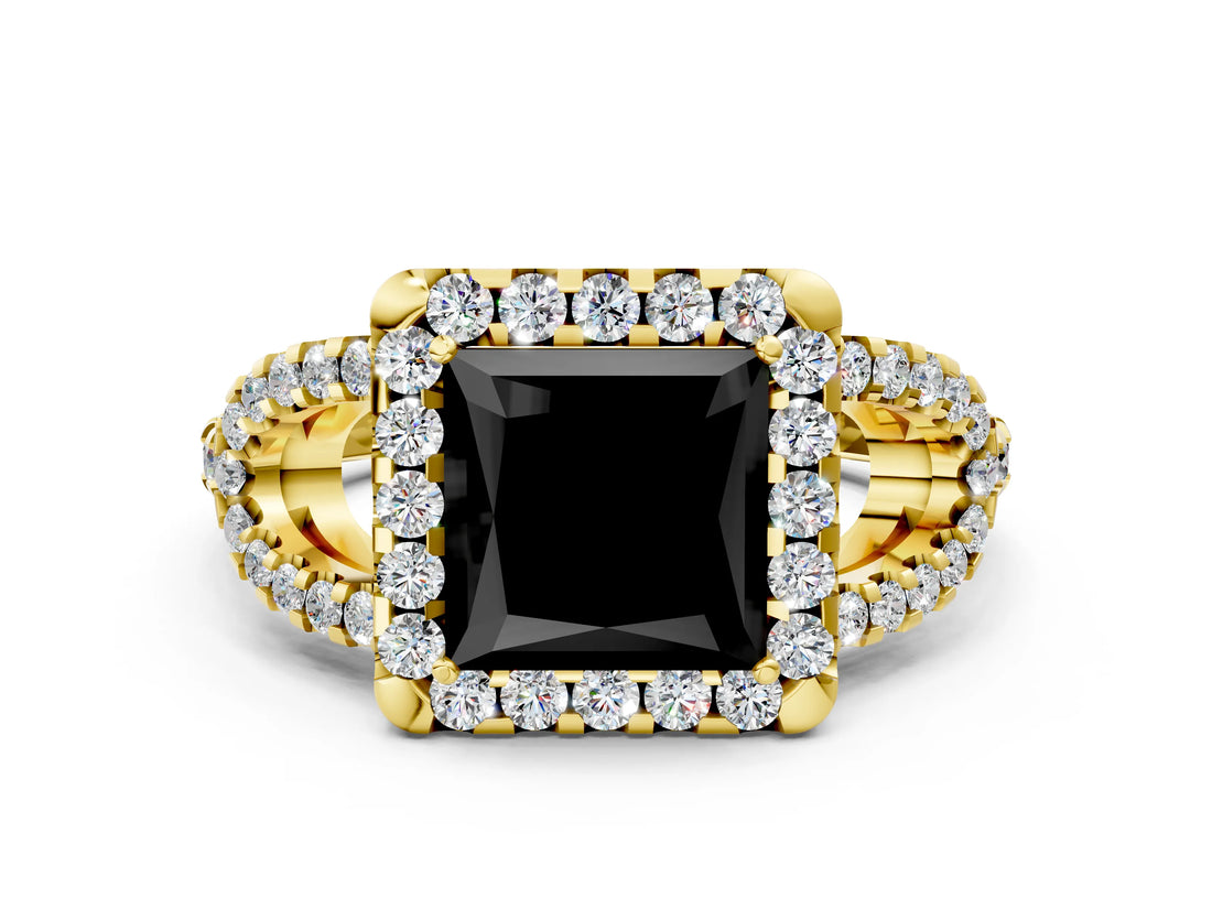 Yellow gold Fancy Black Princess Cut Cut Diamond Halo Engagement Ring with Open Split Pavé Band