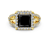 Yellow gold Fancy Black Princess Cut Cut Diamond Halo Engagement Ring with Open Split Pavé Band