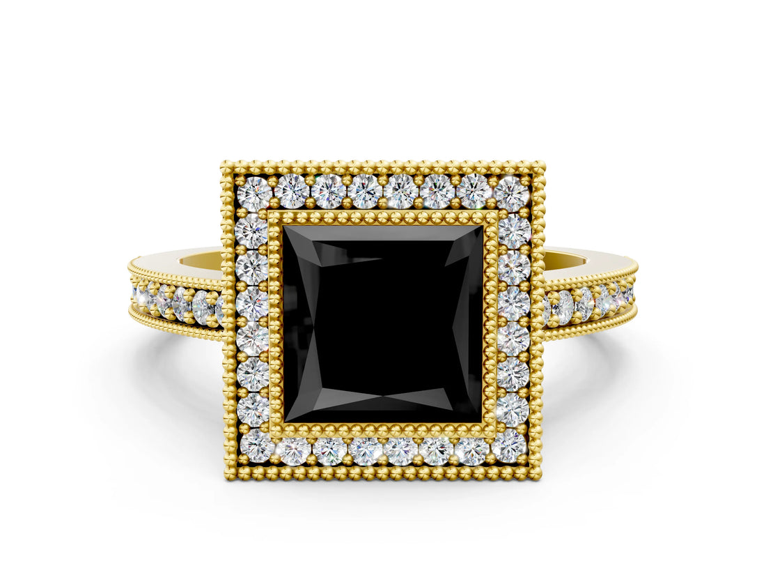 Yellow gold Fancy Black Princess Cut-Cut Diamond Halo Engagement Ring with Pave Band and Prong Setting