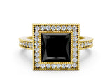 Yellow gold Fancy Black Princess Cut-Cut Diamond Halo Engagement Ring with Pave Band and Prong Setting
